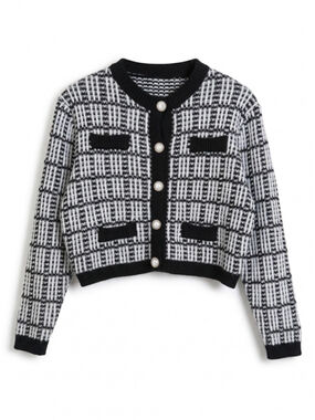 Black and White Knit Crochet Cardigan Cropped Button-up, Sz M